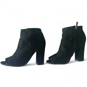 Bamboo•Black Faux Suede•Peep•Toe Ankle Boot•Size 9• 4”Block Heel